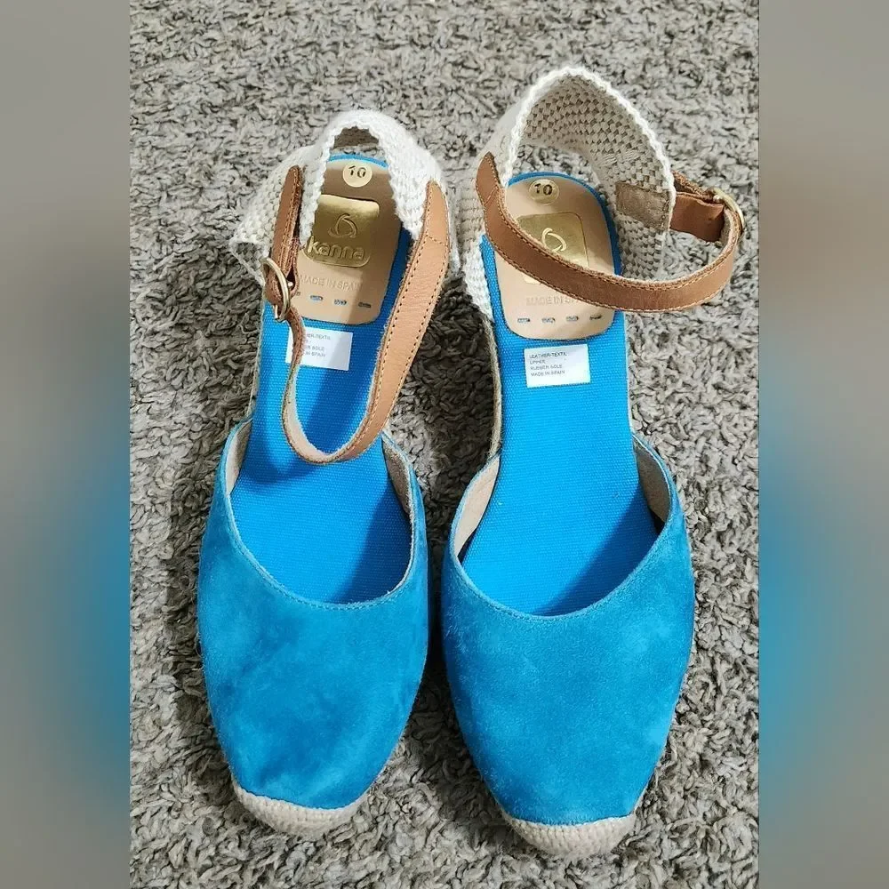 NWOB Kanna blue suede leather espadrilles Wedge Sandals blue size 10